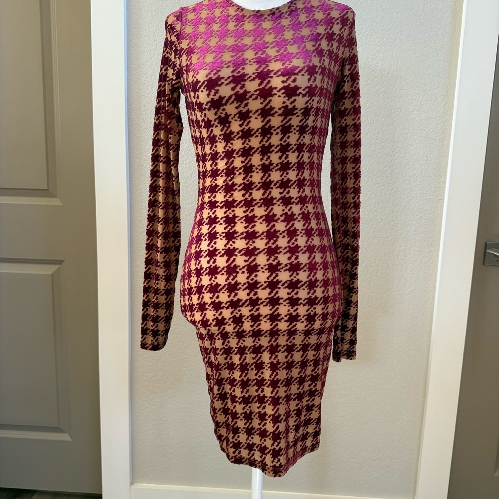 Naked Wardrobe Pink and Brown Houndstooth Mini Dress